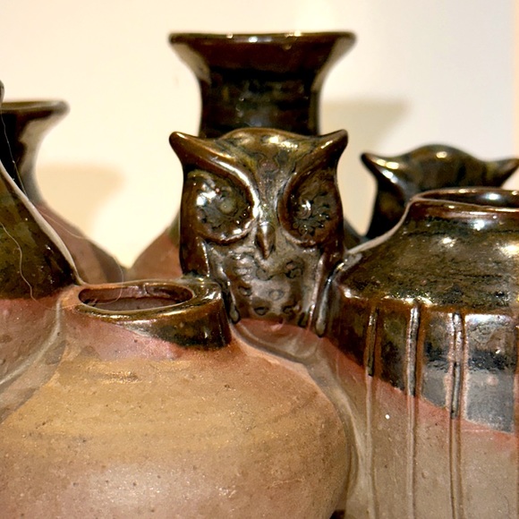 7 Vtg bud vases that are connected & 2 owls - crafted in Japan for Takahashi - Picture 6 of 9
